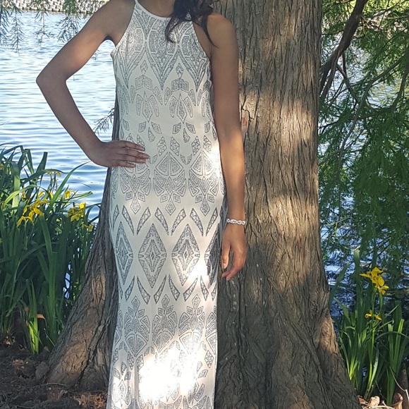 Long High-Neck Cream Prom Dress with Glitter Print Simple Glam Prom Dress - Picture 2 of 2